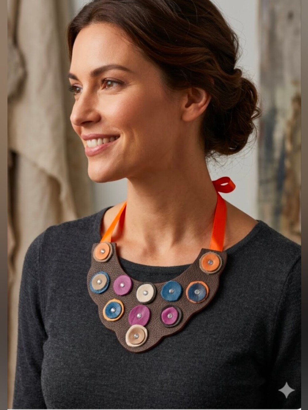 Handmade Genuine Leather Circles Bib Statement Necklace Crystal Rivets 073